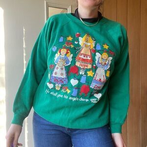 Vintage 80s 90s Angel Holiday Christmas Sweatshirt Green Cottagecore Graphic